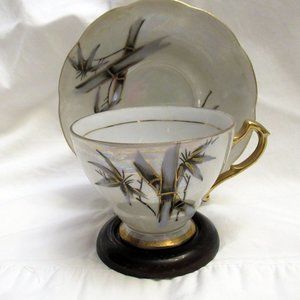 Made in Japan Tea Cup and Saucer Set White Opalescent with Black Bamboo Design G